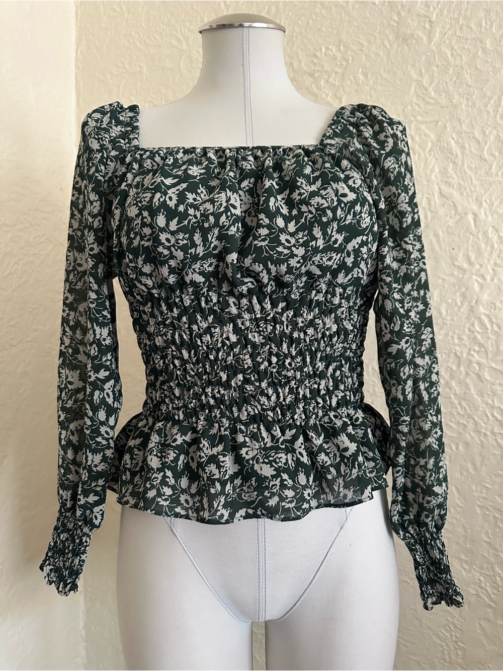 Madewell Georgette Smocked Waist Green Leaves Square Neck Blouse Top XS